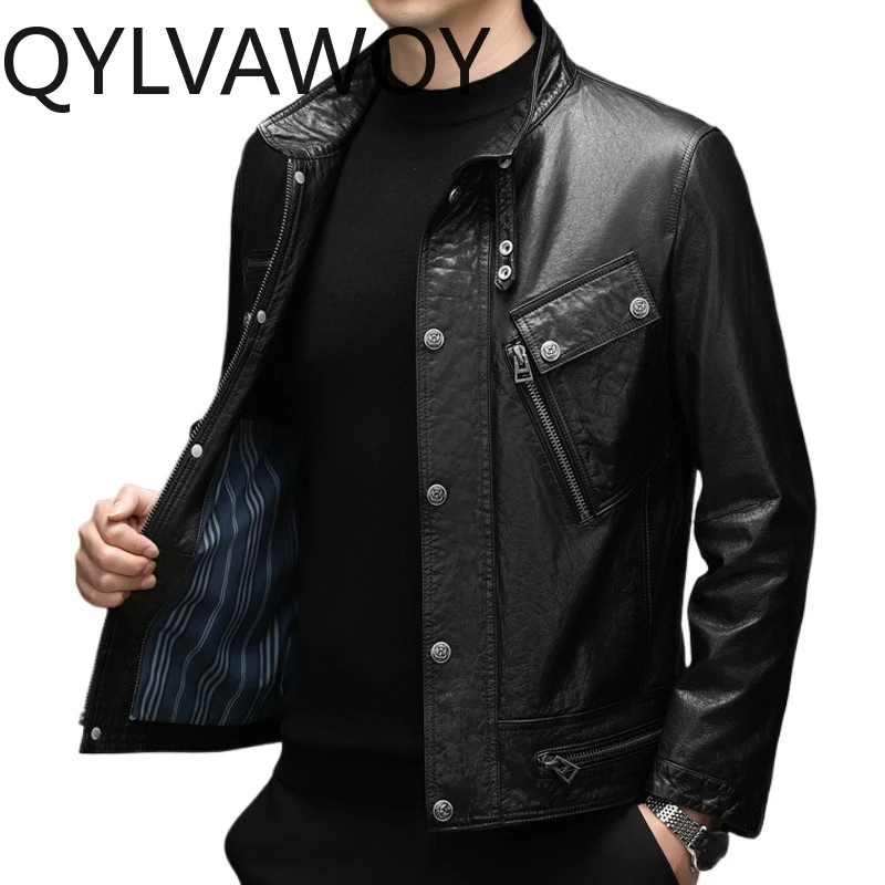 

QYLVAWOY Real Leather Jacket Man Cowhide Leather Motorcycle Jacket Stand Collar Jackets Slim-fit Casual Jackets for Man Fashion