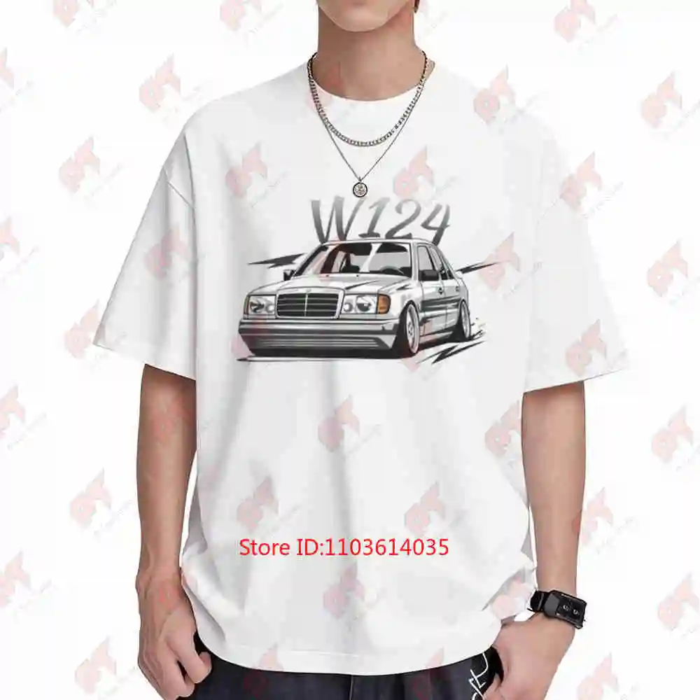 W124 Vintage Car Black White Line Art Short Sleeve Tee 100% Cotton T-Shirt