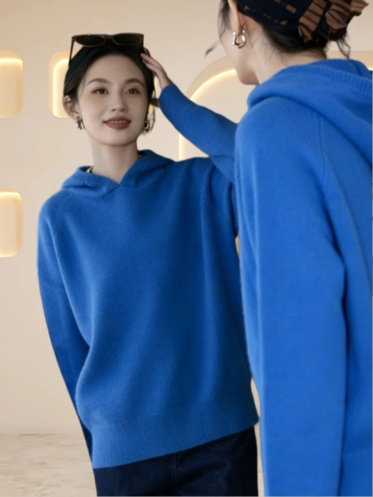 

Warm Blue Hooded Women's Sweater Sli Inner Wear Knitted Top Spring Autumn Simple Sle Comfortable Fit Korean Commute Sle