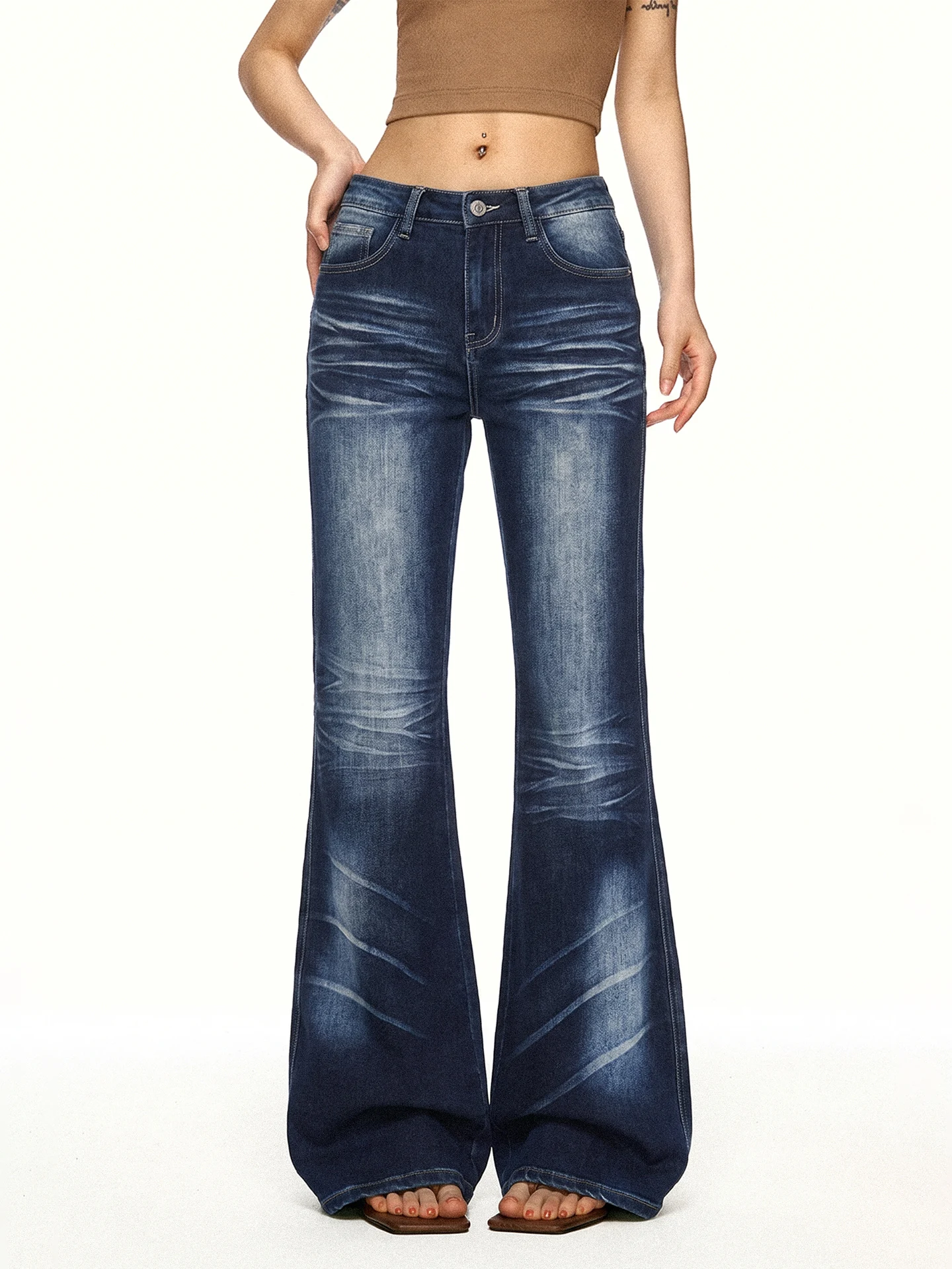 Aaisup American Retro Low Waist Flared Jeans Women's Spring Autumn Design Washed Slim Leggings Wide Leg Pants