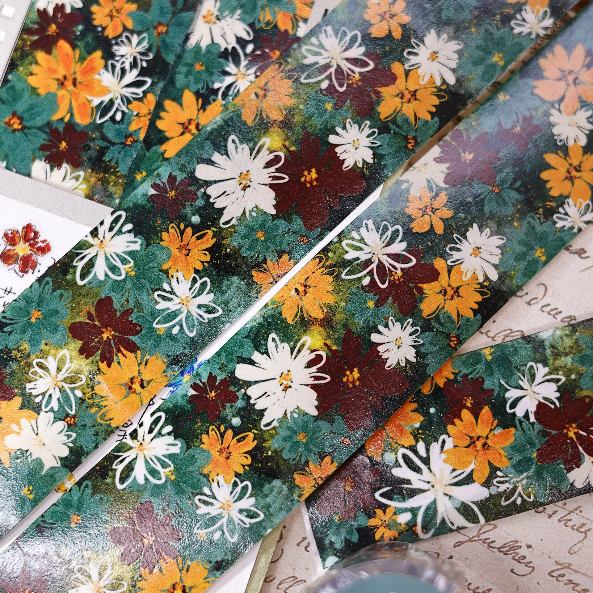 

Лента для декоративной отделки Xiaobaijia Washi, зелено-желтая, с цветочным узором, в стиле легкого ретро, универсальная, для ведения дневника и скрапбукинга