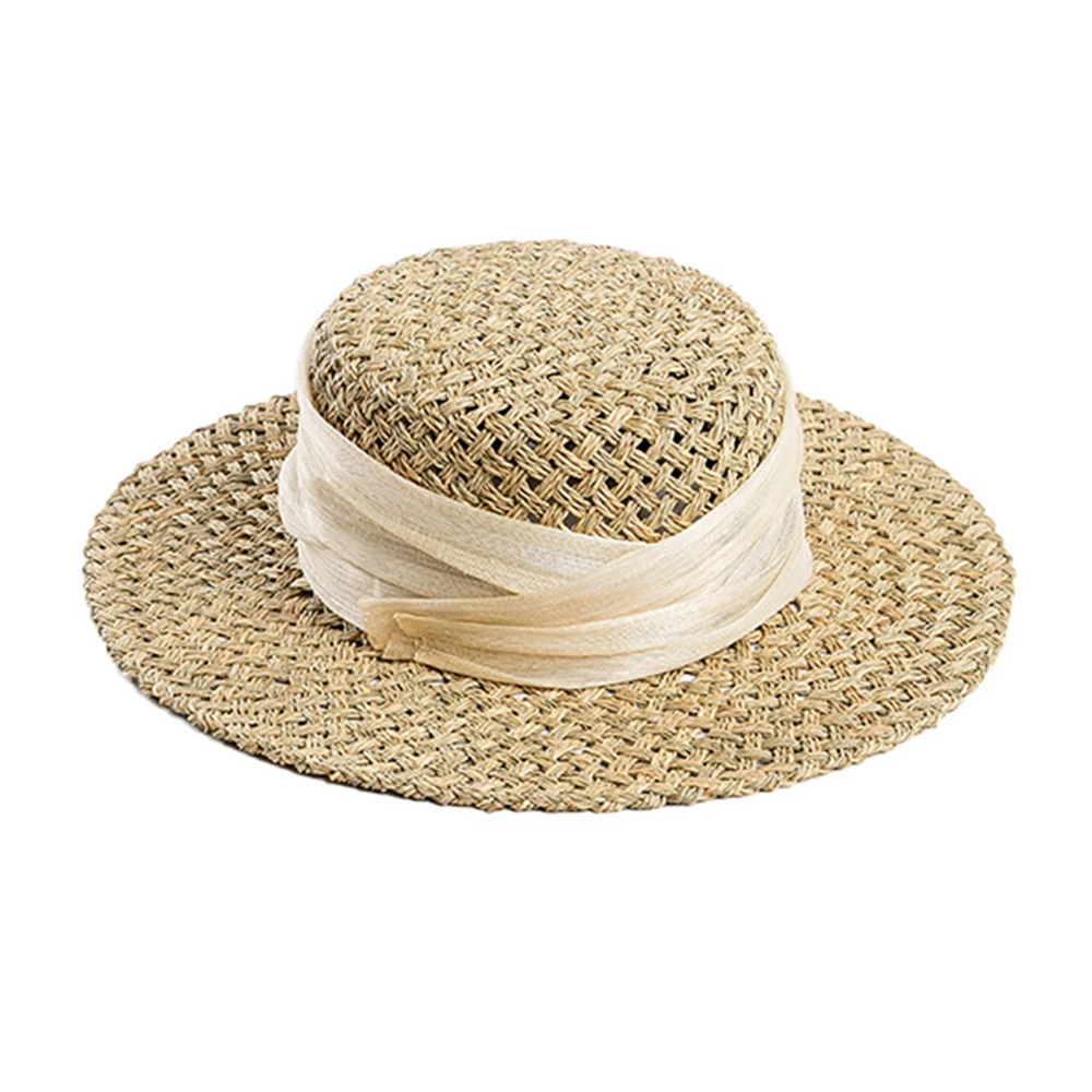 Women's Summer Sun Hat 100% Natural Straw Flat Top Caps Elegant Ladies Boater Hats Handmade Sun Protection Beach Outdoor Caps
