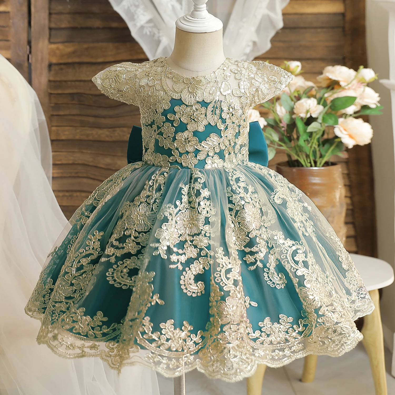 Embroidery Elegant Kids Princess Dresses for Baby Girls Backless Bow Lace Wedding Party Evening Gown Children Ceremony Costume