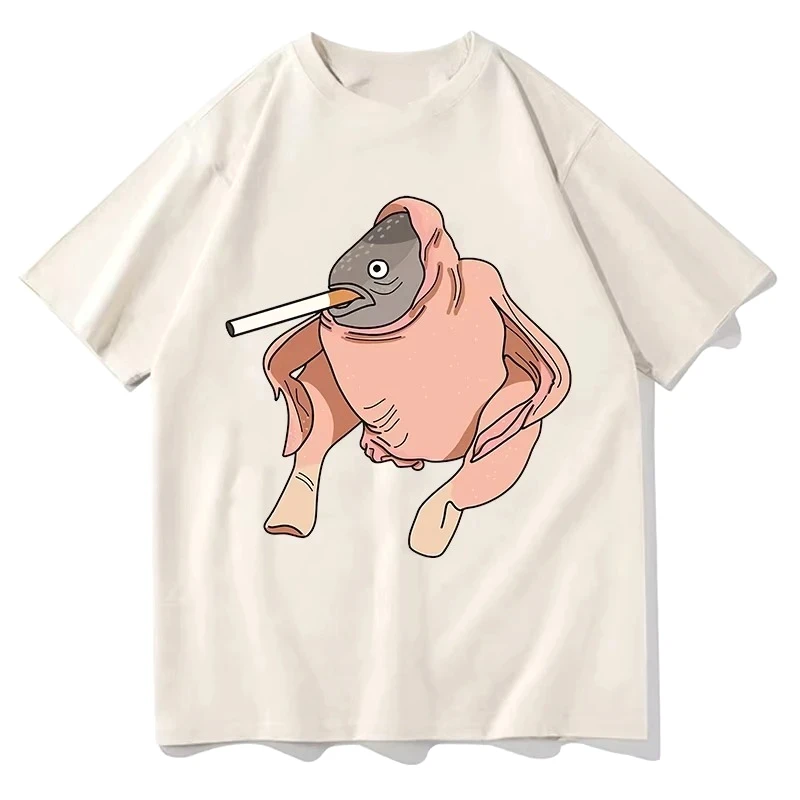 Fish Chicken Smoking A Cigarette Funny Meme T-shirt Y2k Cartoon Printed Top for Men/Women Soft Clearance Sales Women's Clothing