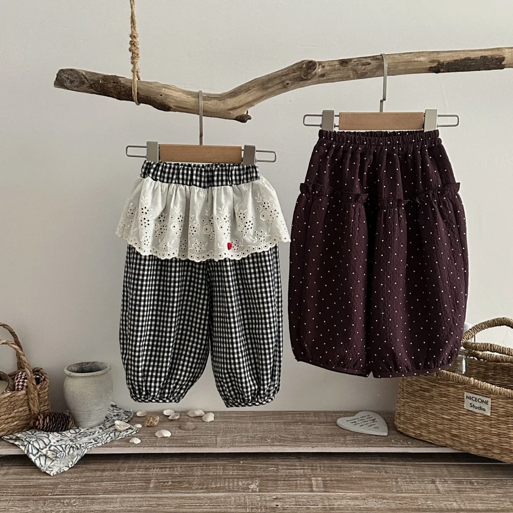2026 Autumn Baby Pants 6M-4T Girls' Casual Pants Korean Version Dots Plaid Toddler Loose Trousers Infant Kids Clothes