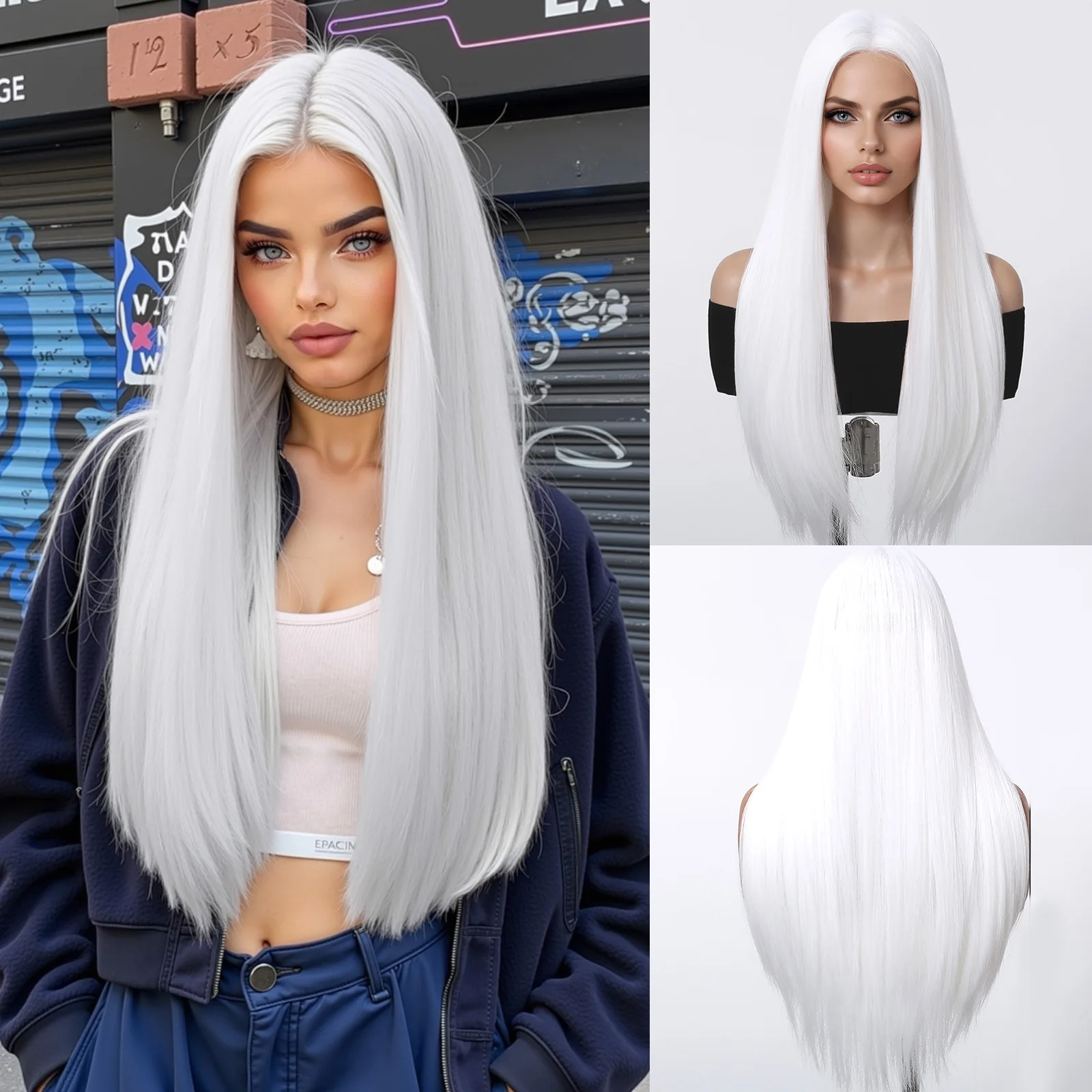 

Silvery White Long Straight Wig Synthetic Women's Wigs Middle Part Fake Hair Cosplay Daily Use Natural Hair Heat Resistant Fibre