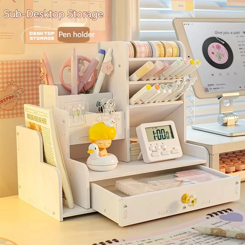 Mark Pen Pencil Holder Wooden Desk Organizer Shelves Accessories Desktop Stationery Organizer Bookshelf Home Office Storage Box
