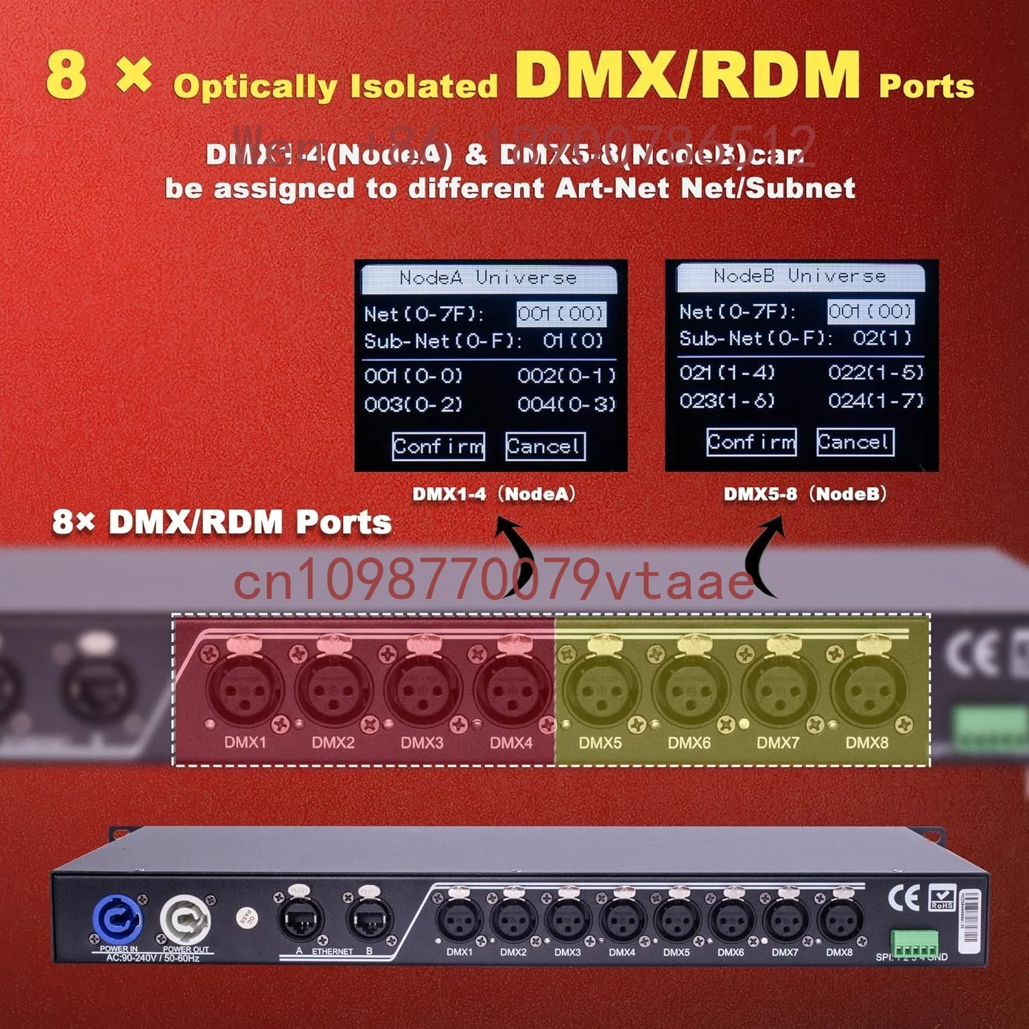 Pknight CR061R-BD 8-Port Bidirectional RDM ArtNet DMX Node 4096CH Optical Isolation IP65 LED Copper 1-Year Warranty 1U Rackmount