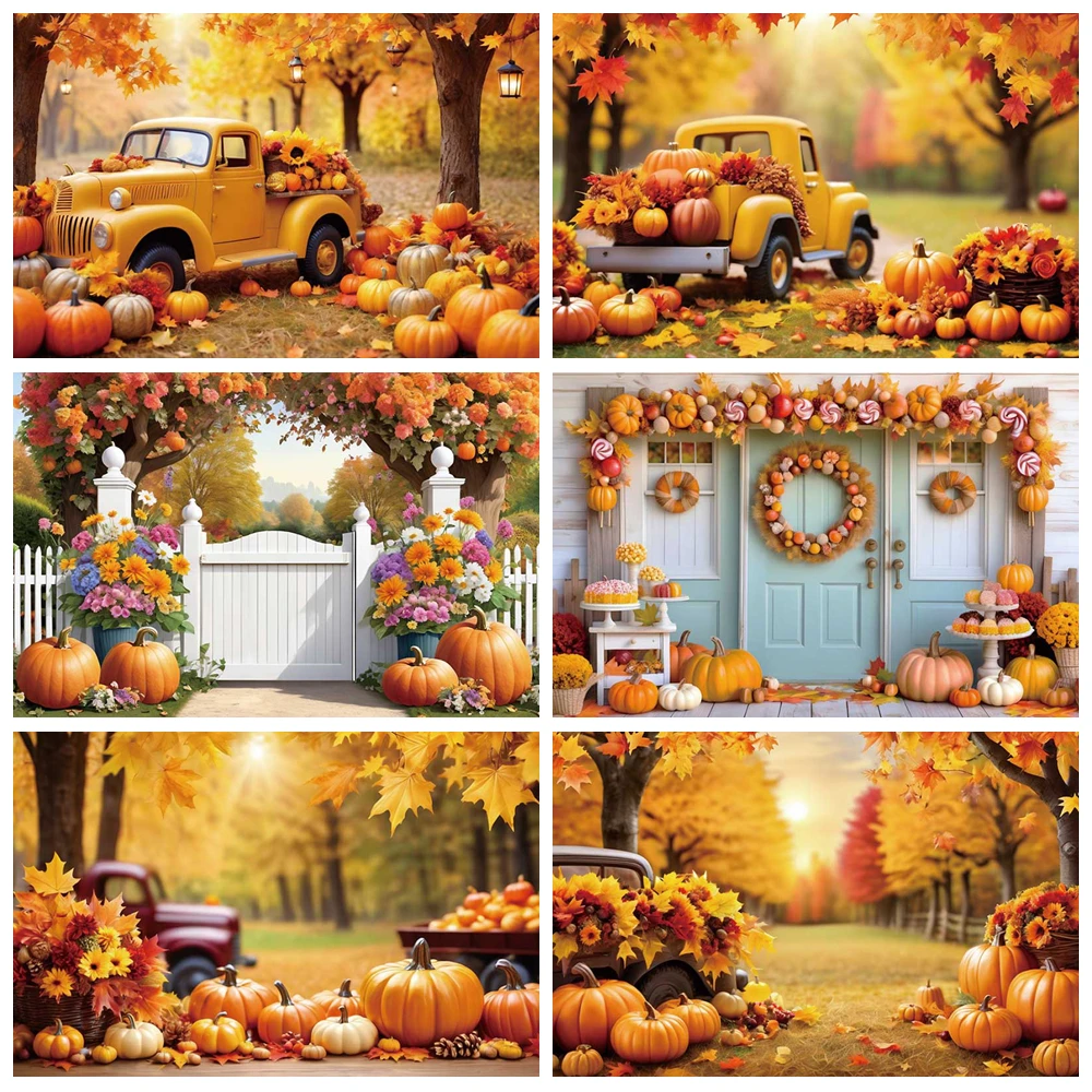

Autumn Thanksgiving Photography Background Farm Pumpkin Truck Maple Leaves Backdrop Tapstry Birthday Party Decor Photo Studio