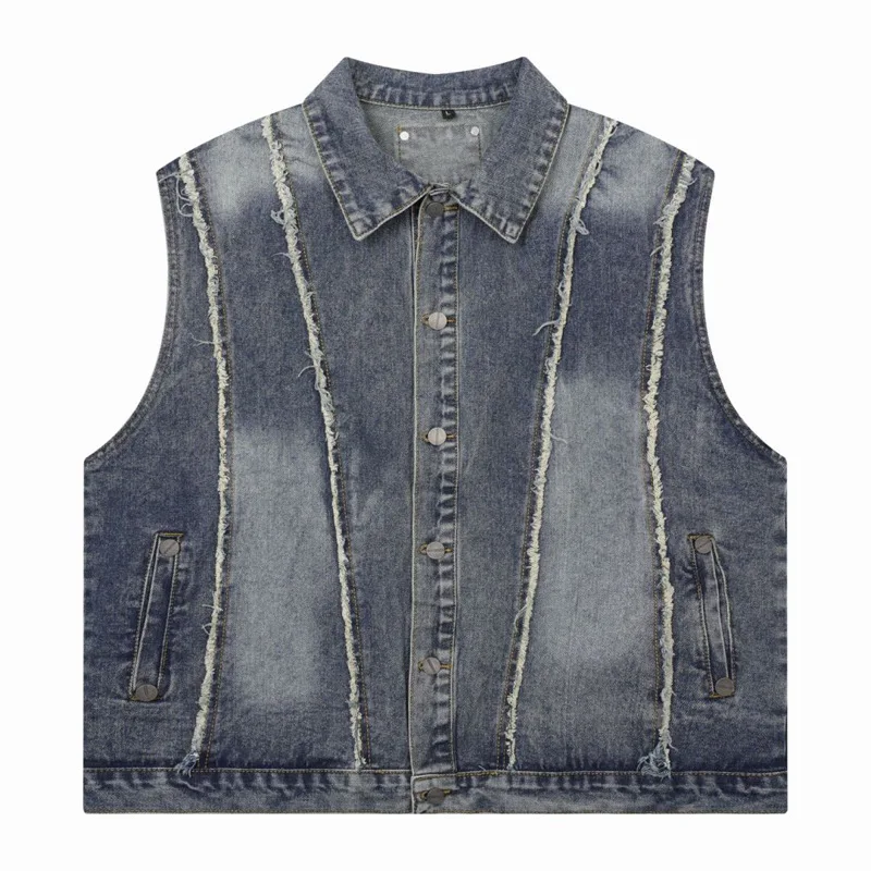 

2025 High Street Oversized Vintage Fringed Patchwork Washed Denim Vest Men's Loose Casual Sleeveless Jean Jacket Black Cropped