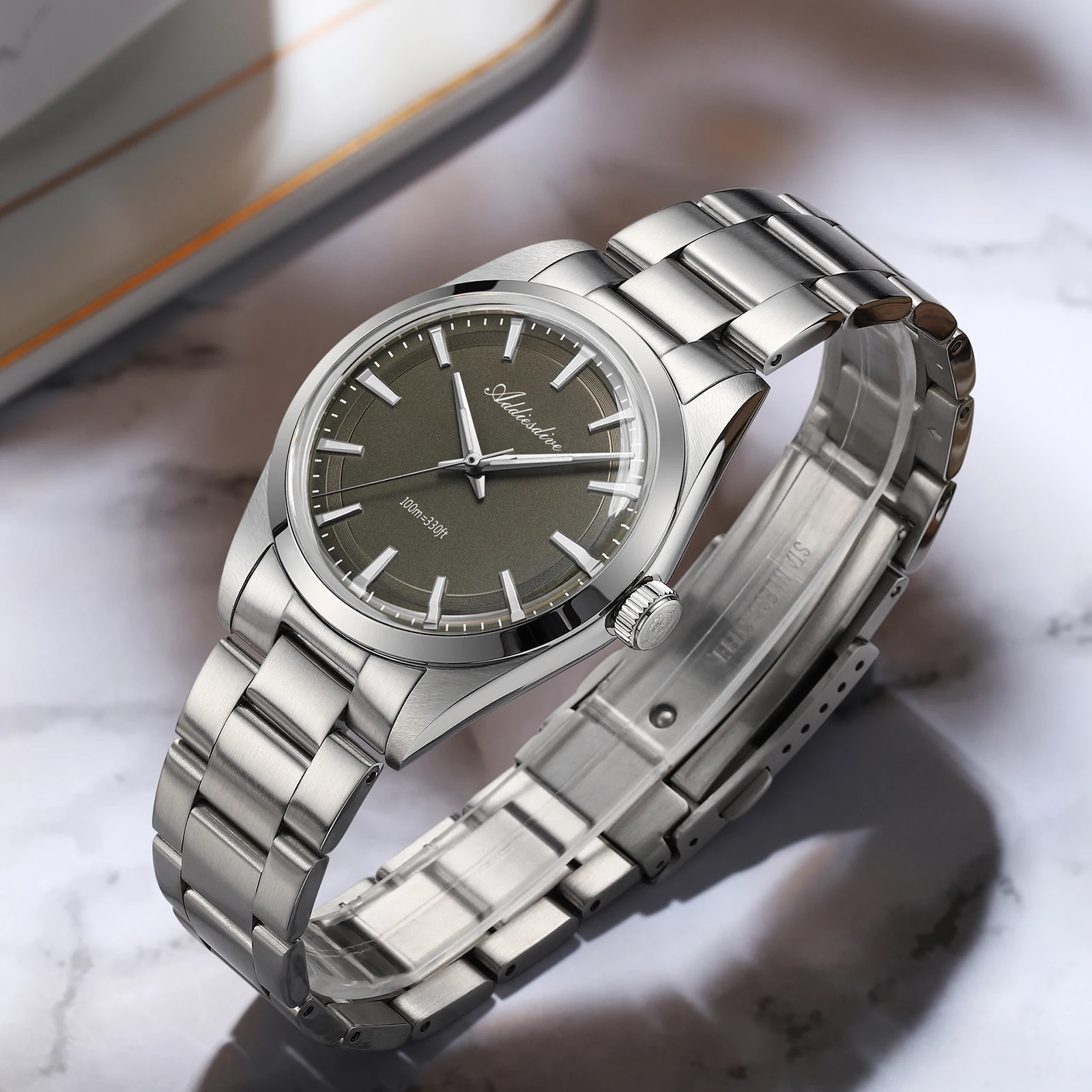 ADDIESDIVE 36MM Simple Stainless Steel Men's Watch Bubble Mirror Glass Luxury Quartz Watches 100M Waterproof Quartz Watch AD2066