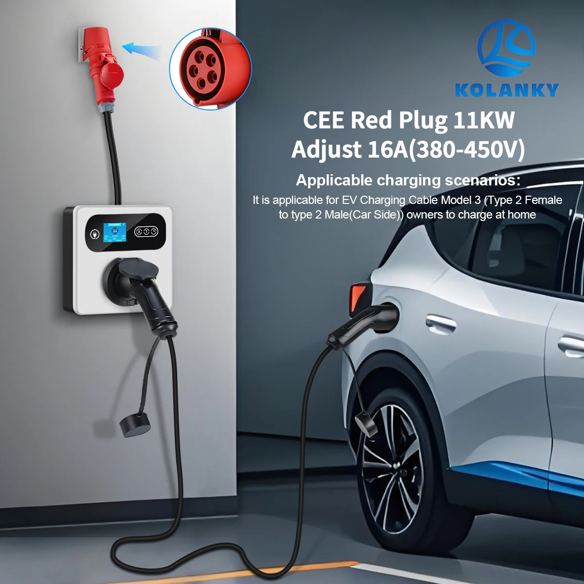Kolanky 16A 11KW EV-Ladestation mit Typ-2-Buchse CEE Rot zu Typ-2-Timer Tuya App Elektrofahrzeug-Ladegerät – Detail 3