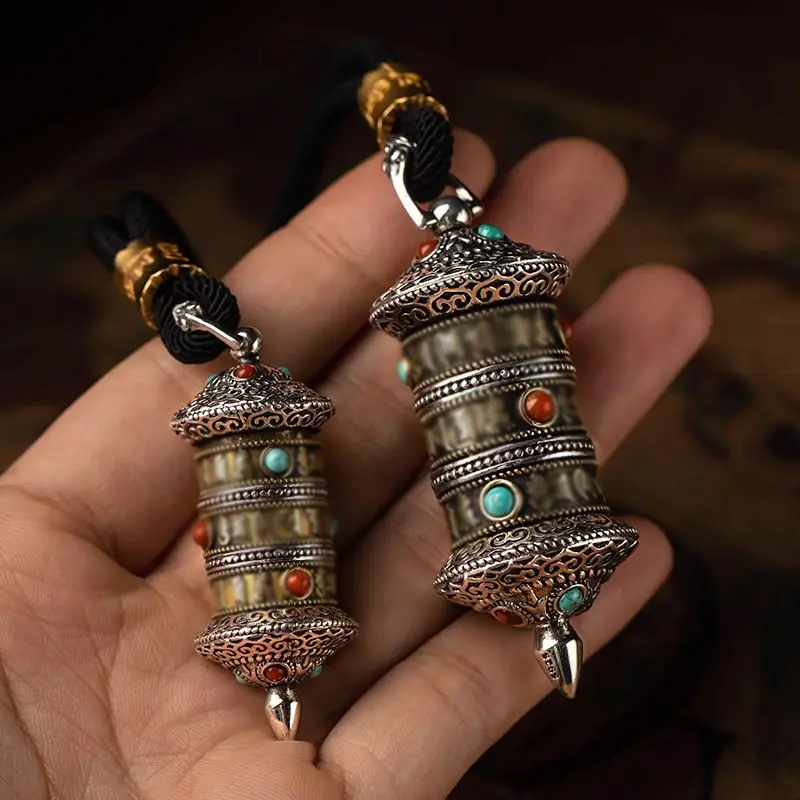 Chinese Tibetan Six-character Manto-wheel Pendant 925 Silver Necklace Men's Retro Ethnic Style Rotatable Time-running Pendant