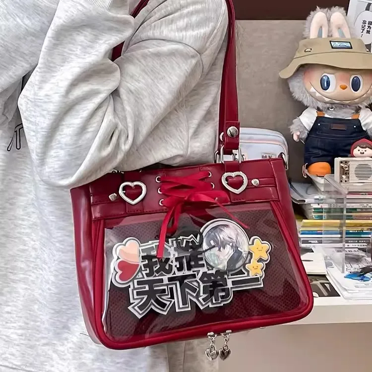 

New Y2K Ribbon Bow Ita Crossbody Bag Anime Girls Transparent Large Capacity Shoulder Bag DIY Display Handbag Lady Satin Tote Bag