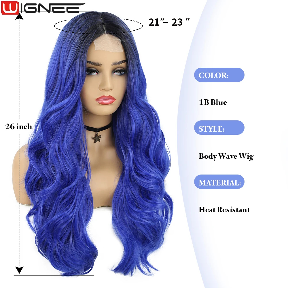 WIGNEE 1B Blue Wig Body Wave Synthetic Hair Lace Wigs For Women Cosplay Wig Long Natural Daily Life Wigs On Sale Clearance