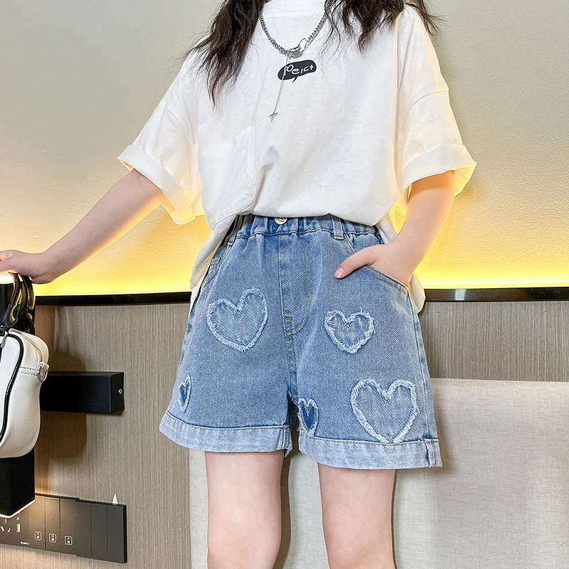

Girls Summer Denim orts Thin Outerwear Faionable Junior High School Students Large Children's Jeans l Waist Wide Leg