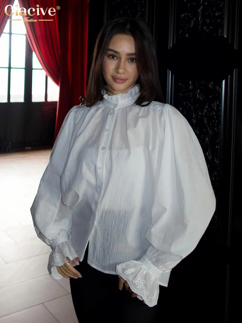 

Clacive Fashion Loose White Cotton Women's Shirt 2026 Spring Stand Collar Long Sleeve Blouse Elegant Classic Top Female Clothing