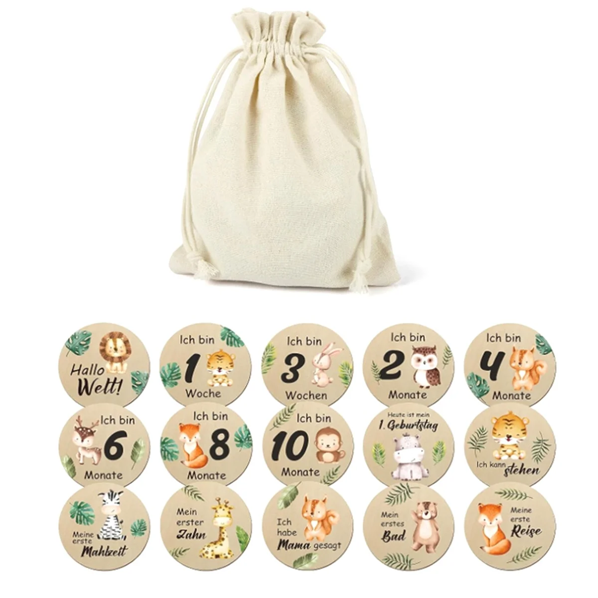 ABFW 15PCS Beautiful Baby Monthly Cards - Double Sided Milestone Wooden Circles Discs with Birth Sign for Girl Boy