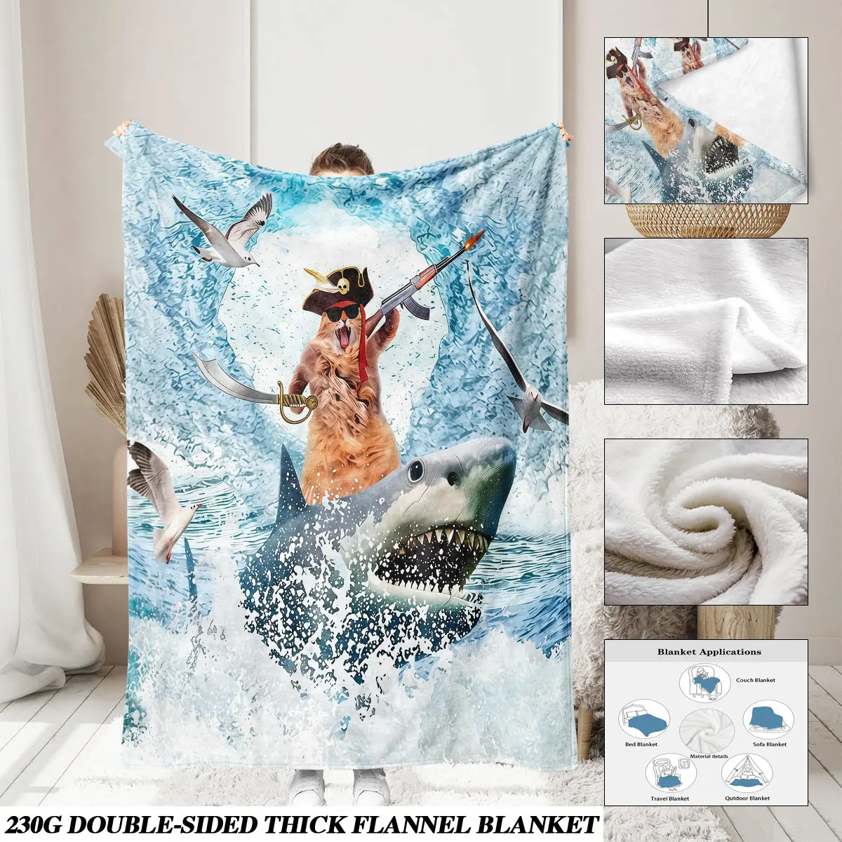 1pc Pirate Orange Cat Ride Shark Print Flannel Blanket Soft Comfortable For Sofa Lounge Nap Time Home Decoration Gift For Fri