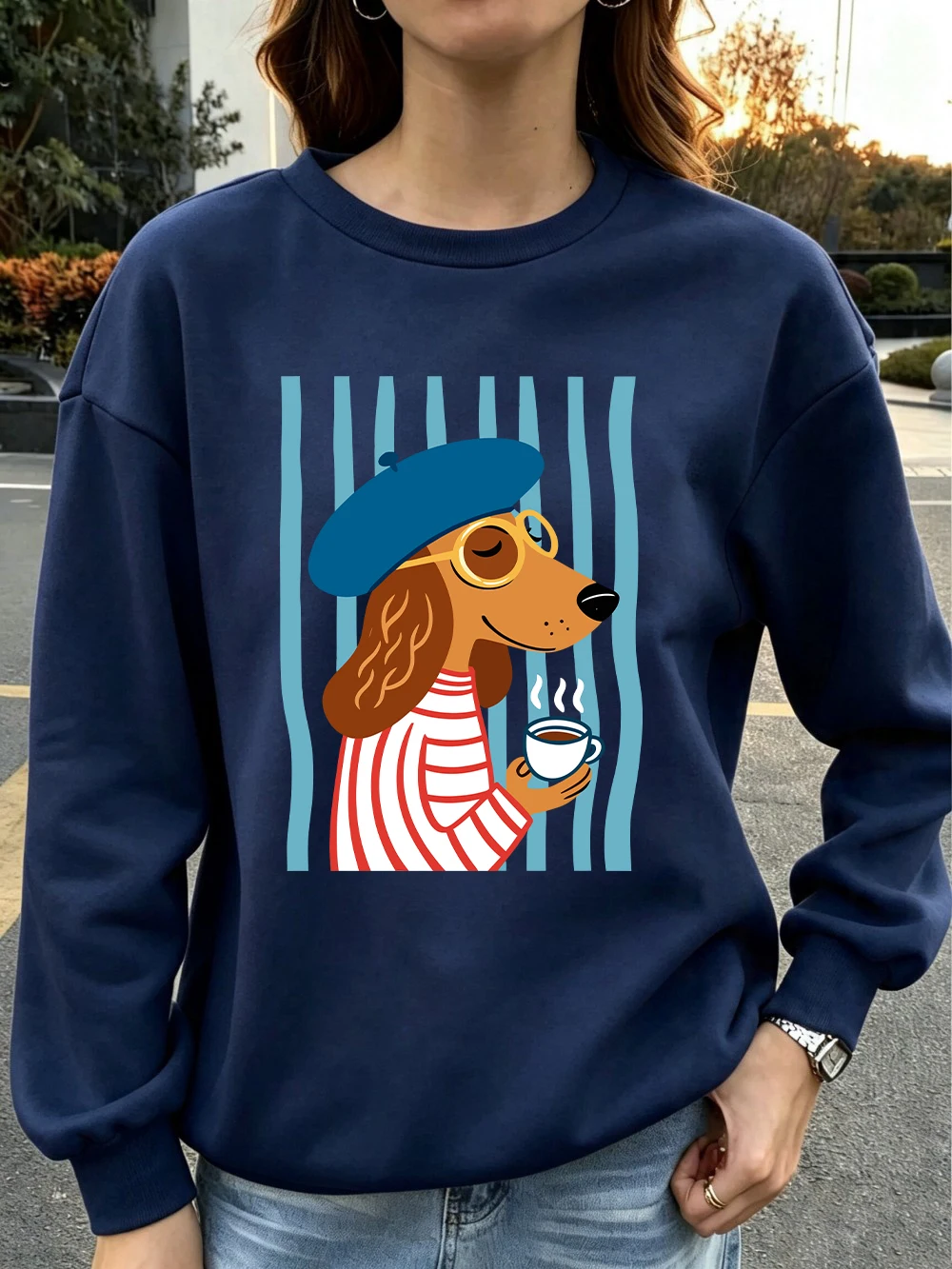 Sweatshirt mit französischer Dackel-Illustration, für Damen, lockerer, sportlicher Kapuzenpullover, Fleece, warm, Rundhalsausschnitt, Herbst, weiche Damenkleidung – Detail 19