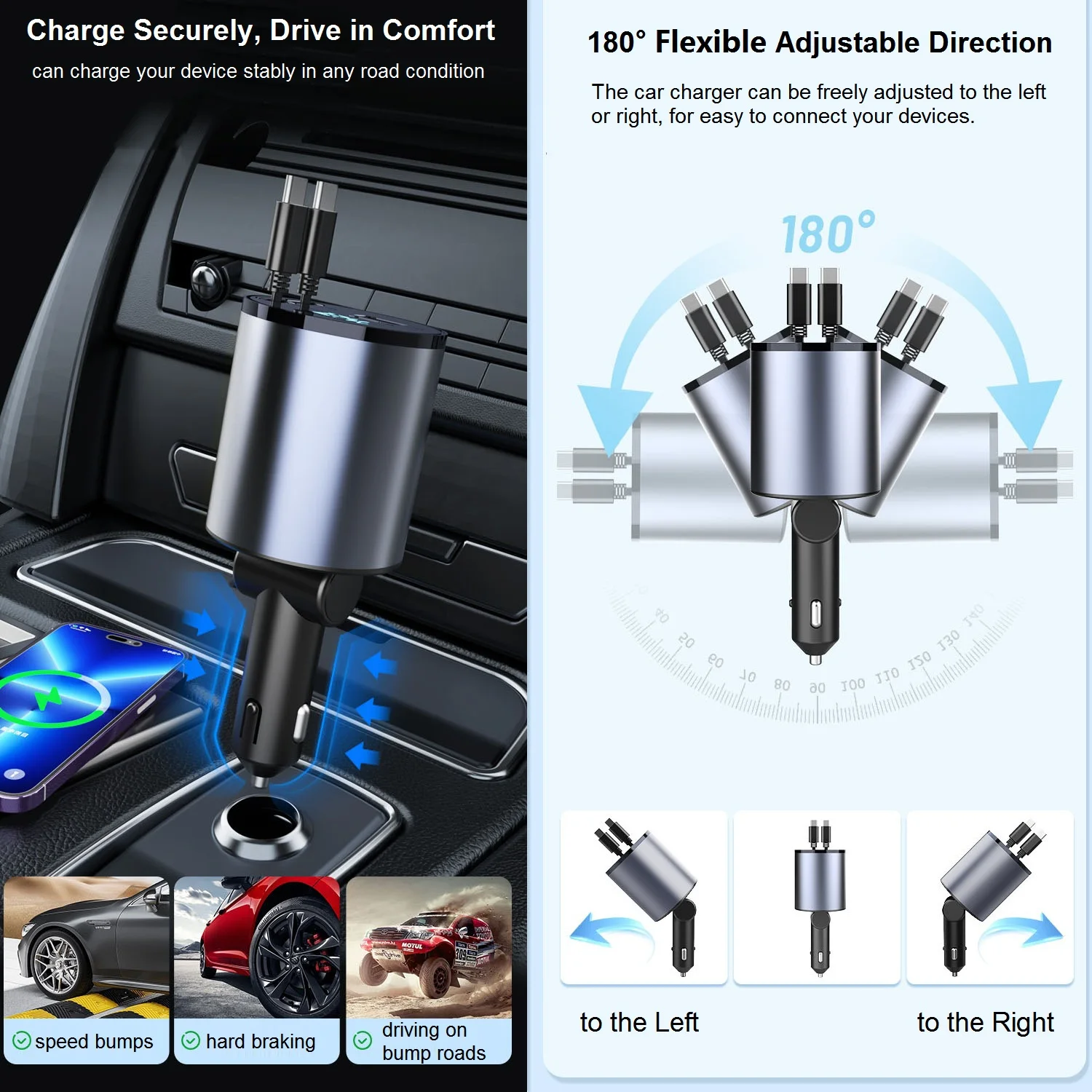 Caricabatteria da auto retrattile, caricabatteria da auto veloce 4 in 1 Dual Type-C 120W adattatore per caricabatteria da auto USB per accendisigari per iPhone