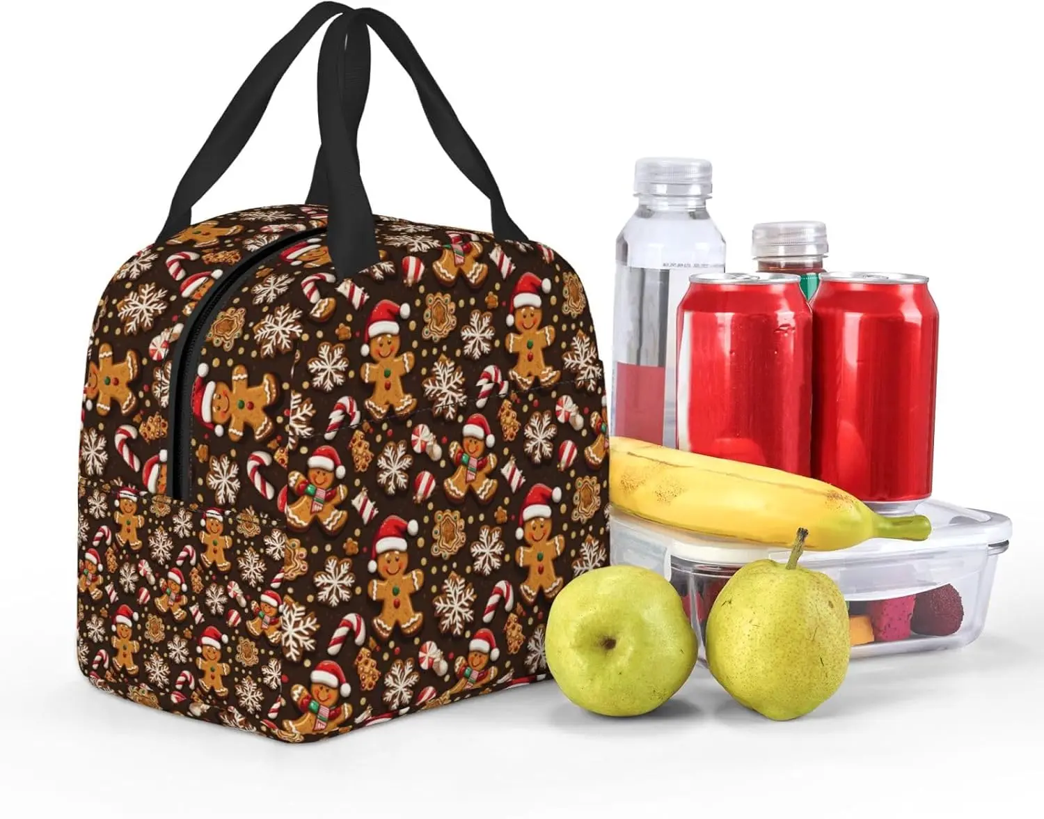 Christmas Gingerbread Man Print Small Lunch Bag Women, Adult Cooler Tote Bag Box Insulated for Work Travel Gym with Front Pocket