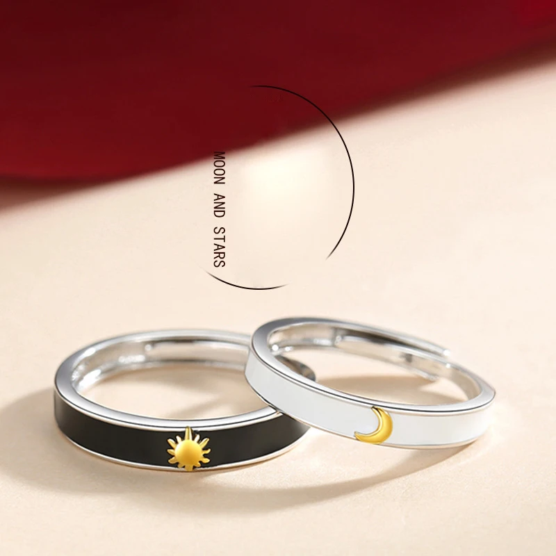 

New Hot Sale Silver Color Personality Gel Drop Black and White Sun Moon Fashion Couple Opening Ring Love Gift J819