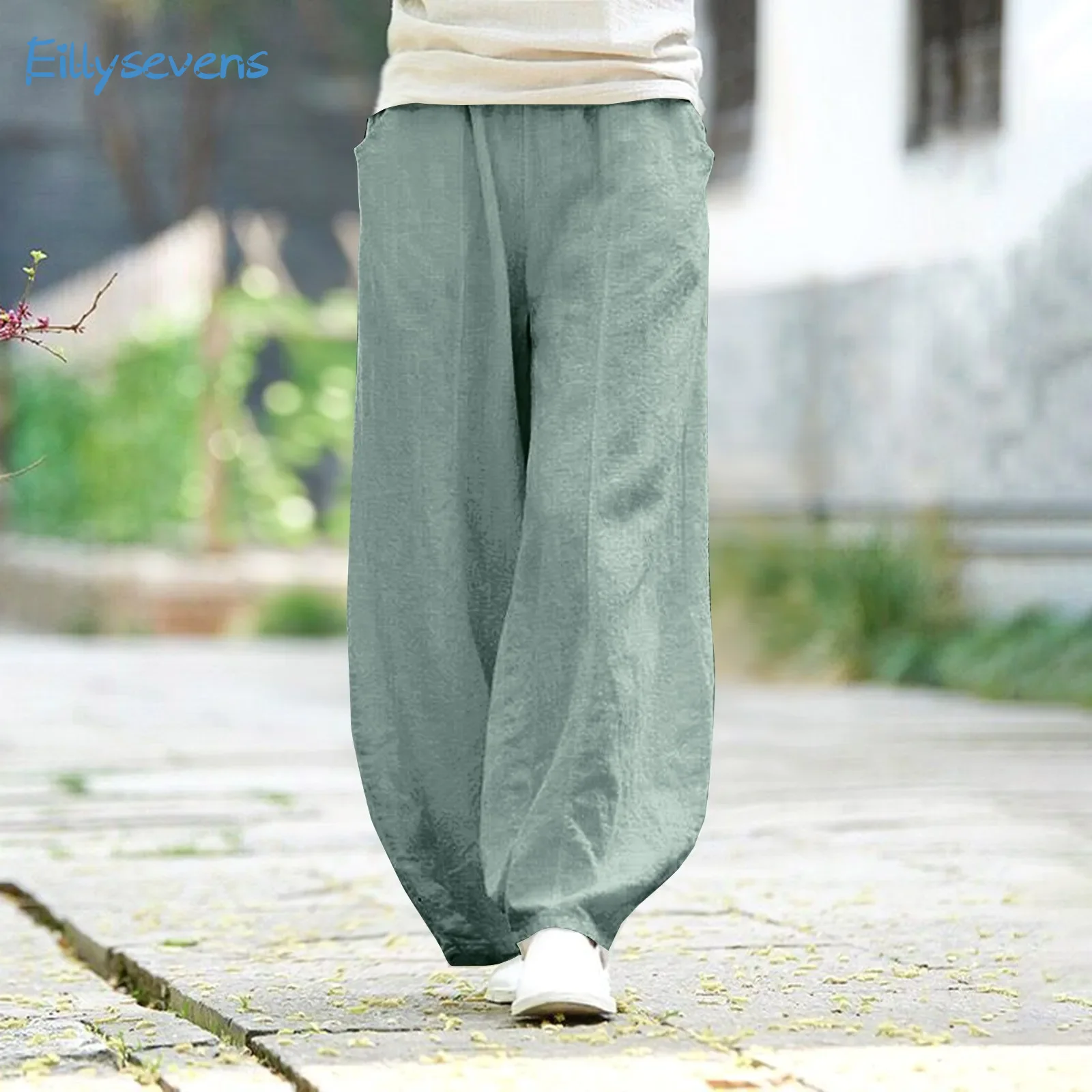 

Women'S Large Size Trousers Fashion Classic Solid Cotton Linen Loose Casual Pants With Pockets Regular Elastic Waist Comfy Pants