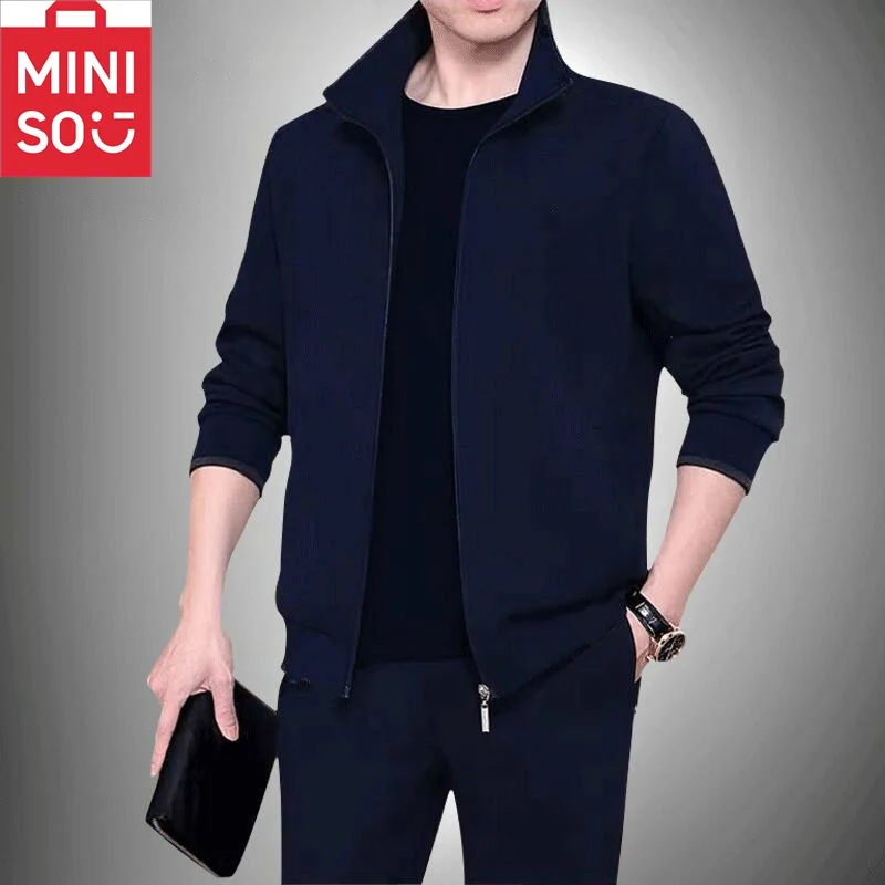 MINISO Mid aged and Elderly Men\'s Autumn and Winter Two piece Set Trendy Cardigan Sweatshirt Casual Sports Set Youth Upwear