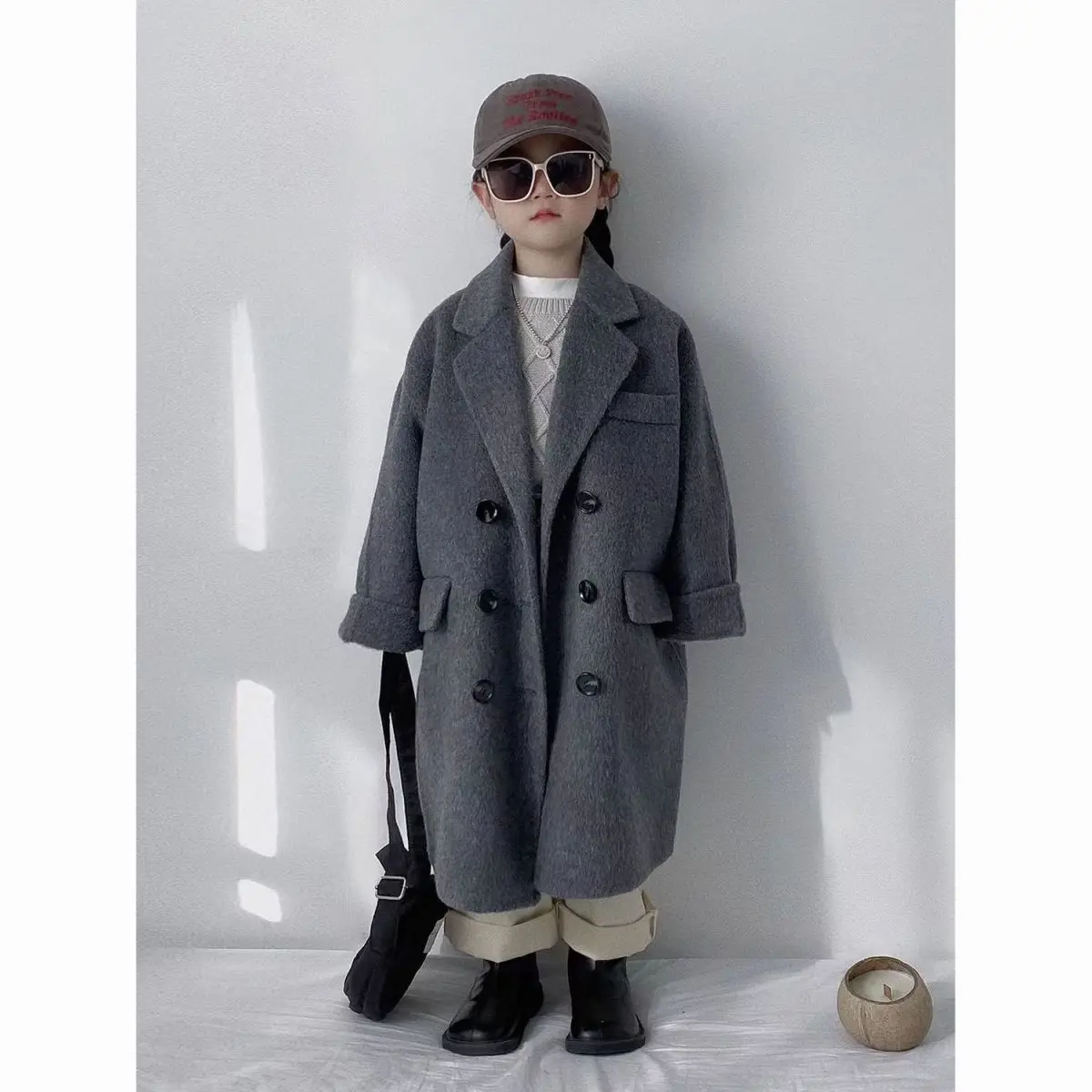 Boys and Girls Grey Woolen Coat Autumn/Winter New Collection Children's Baby Korean Edition Windbreaker Coat 2 4 6 7 9Y