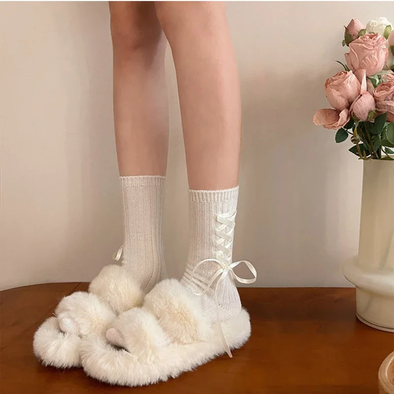 Solid Color Black White Socks Ballet Style Bandage Bowknot Wool Cashmere Long Socks Women Sweet Girl JK Lolita Kawaii Cute Socks