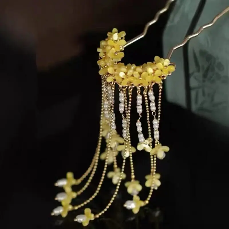 Ancient Style Osmanthus Hairpin with Tassels, Hanfu Hairpin, Ming-Style Accessories, Women's Hair Curtain, Step-Robe, Horse-Face Skirt Hair Ornament view 6