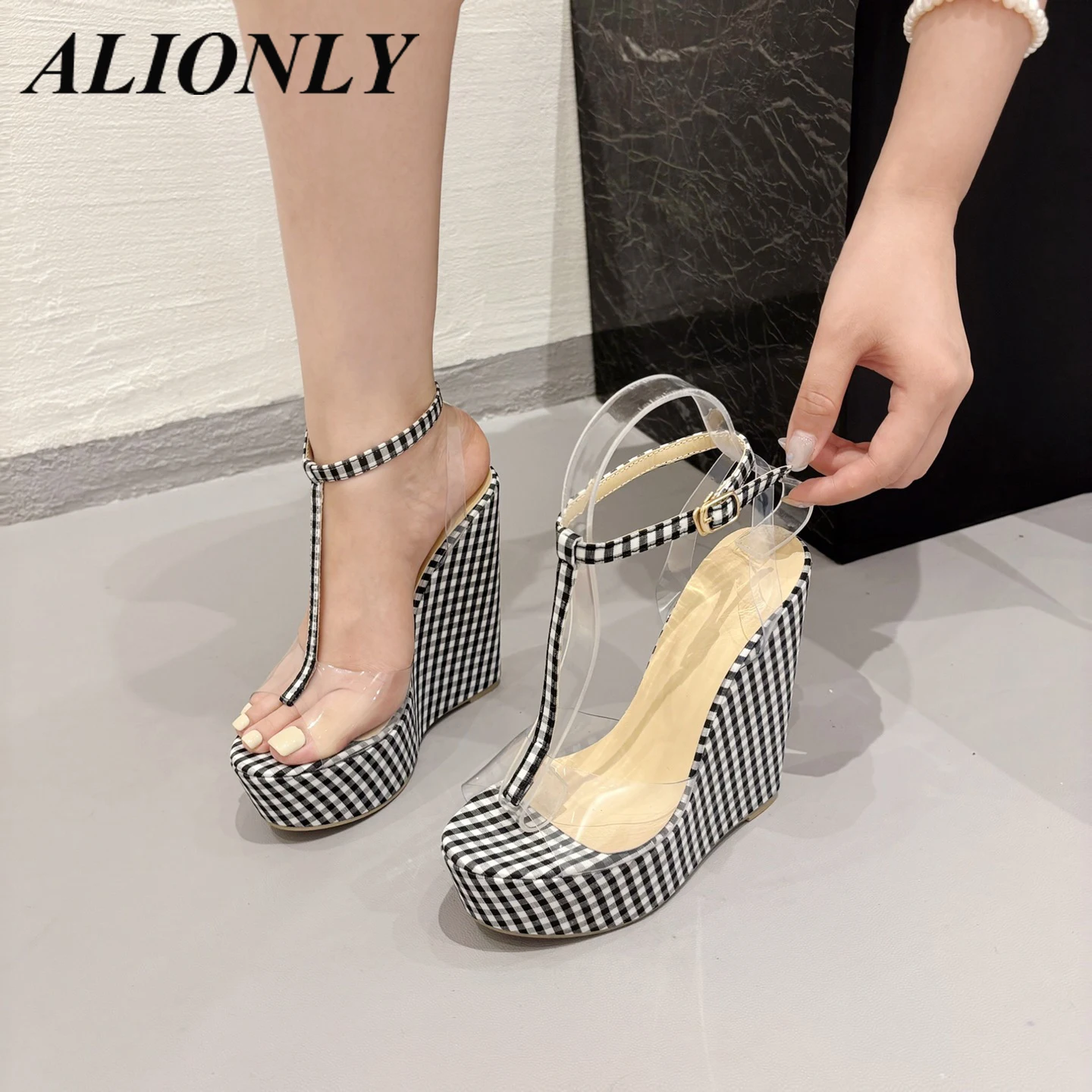 Alionly Thick Soled Wedge Sandals for Women 2024 New Style Mouth Fashionable Height Increasing Strap Sponge Sole High Heels