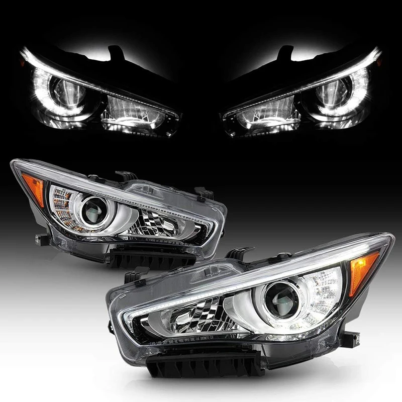 For 2014-2017 Infiniti Q50 Pair Headlight Left or Right Black Housing LED Projector Headlight Headlamp w/DRL