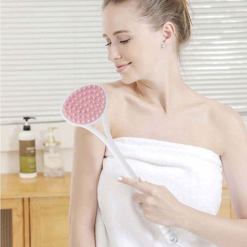 Silicone Double Side Brush Head Back Scrubber Shower Brush With Long Handle Dry Skin Exfoliating Body Massage Cleaning Tool