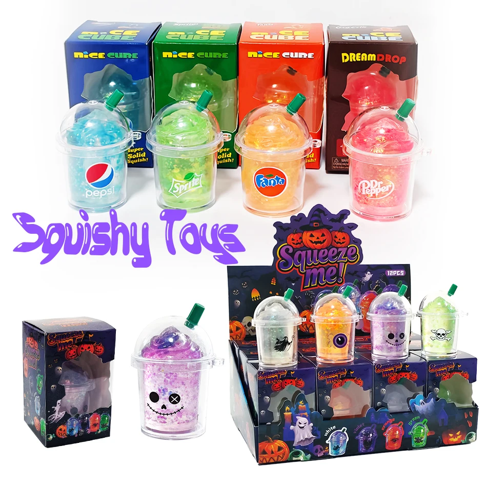 New Funny Halloween Blind Box Drink Cup Squeeze Toy Snowball Fidget Toy Stress Relief For Focus ADHD 4 Beverage Styles