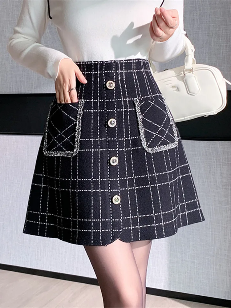 

2024 Autumn Women's Small Fragrant Wind Knitted A-line Skirts Casual High Waist Plaid Pockets Mini Skirts