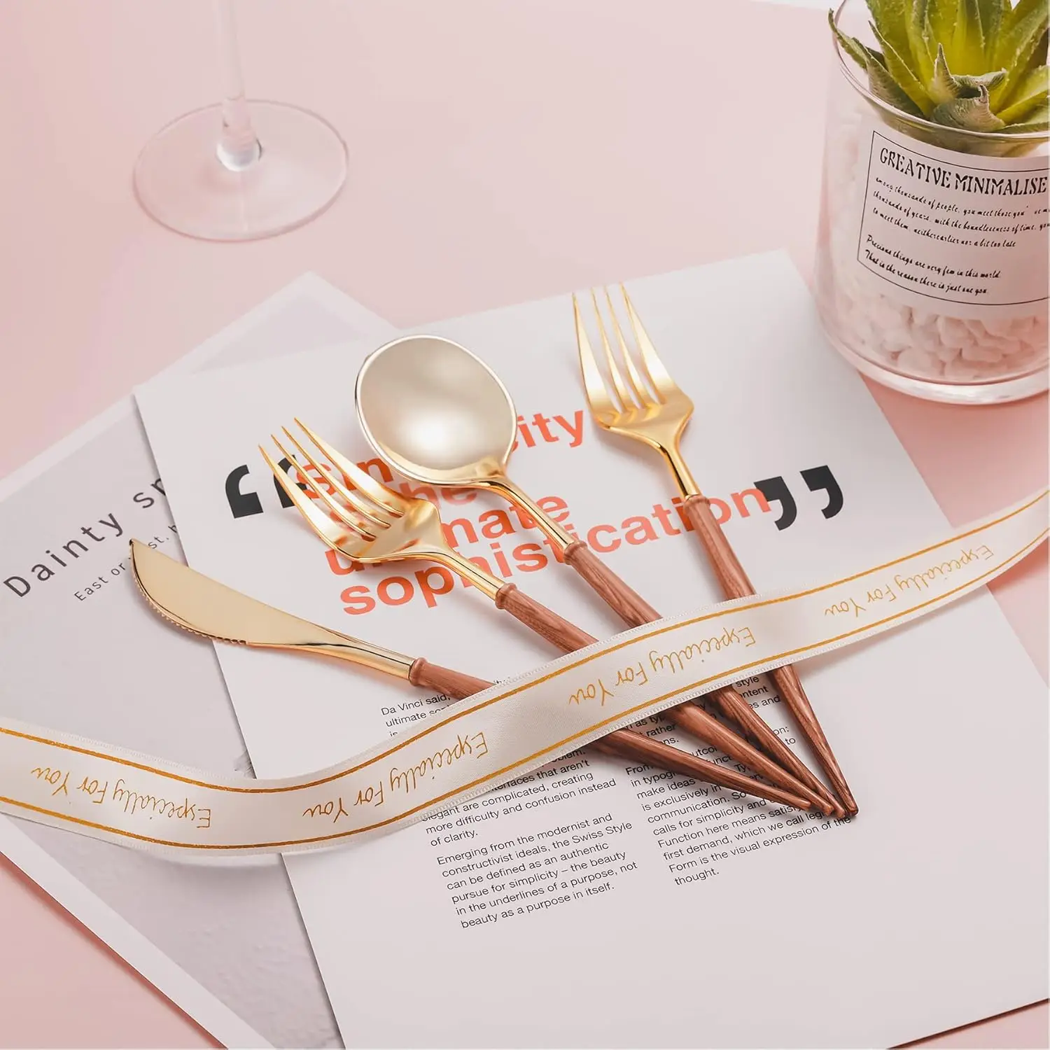 120PCS Gold Plastic Silverware, Gold Disposable Cutlery with Wood Grain Handle Include 40 Forks, 40 Spoons, 40 Knives, E