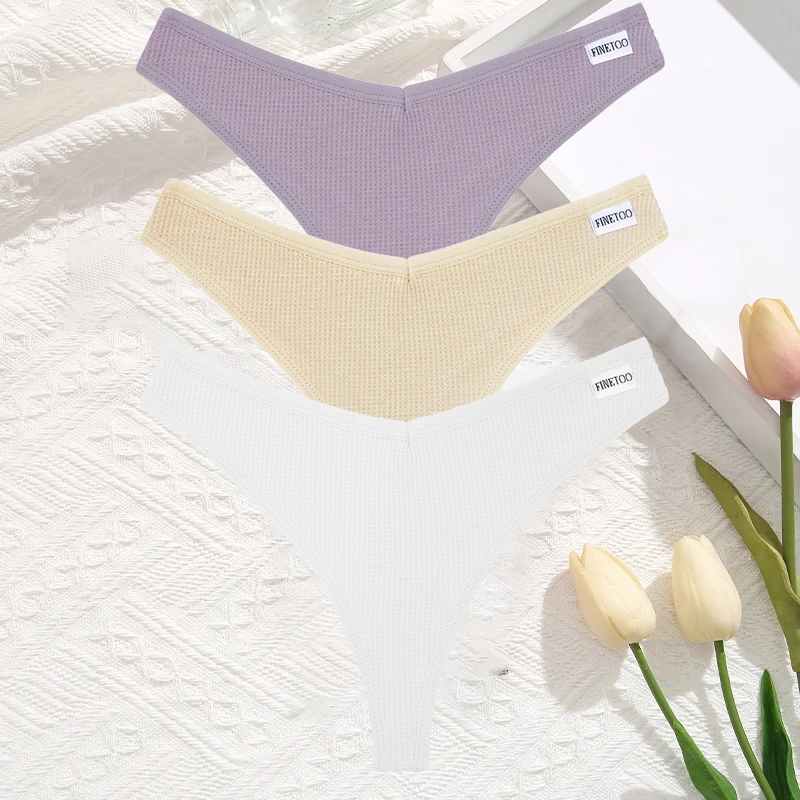 FINETOO 3 Teile/satz Sexy Waffel Plaid Baumwolle Höschen Frauen Einfarbig Niedrigen Taille G-String Unterwäsche Weibliche Weiche Thongs Dessous