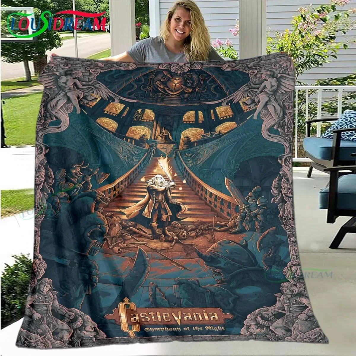Game C-Castlevania Dracula Pattern Blanket Star Art Flannel Thin Blanket Portable Home Travel Office Lunch Break Blanket