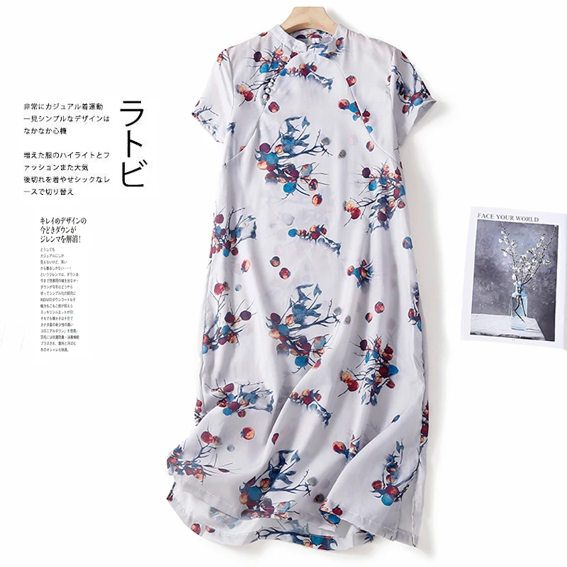 2022 Summer New Arts Style Women Short Sleeve Stand Collar Long Dress Vintage Print Casual Cotton Linen A-line Dresses C230