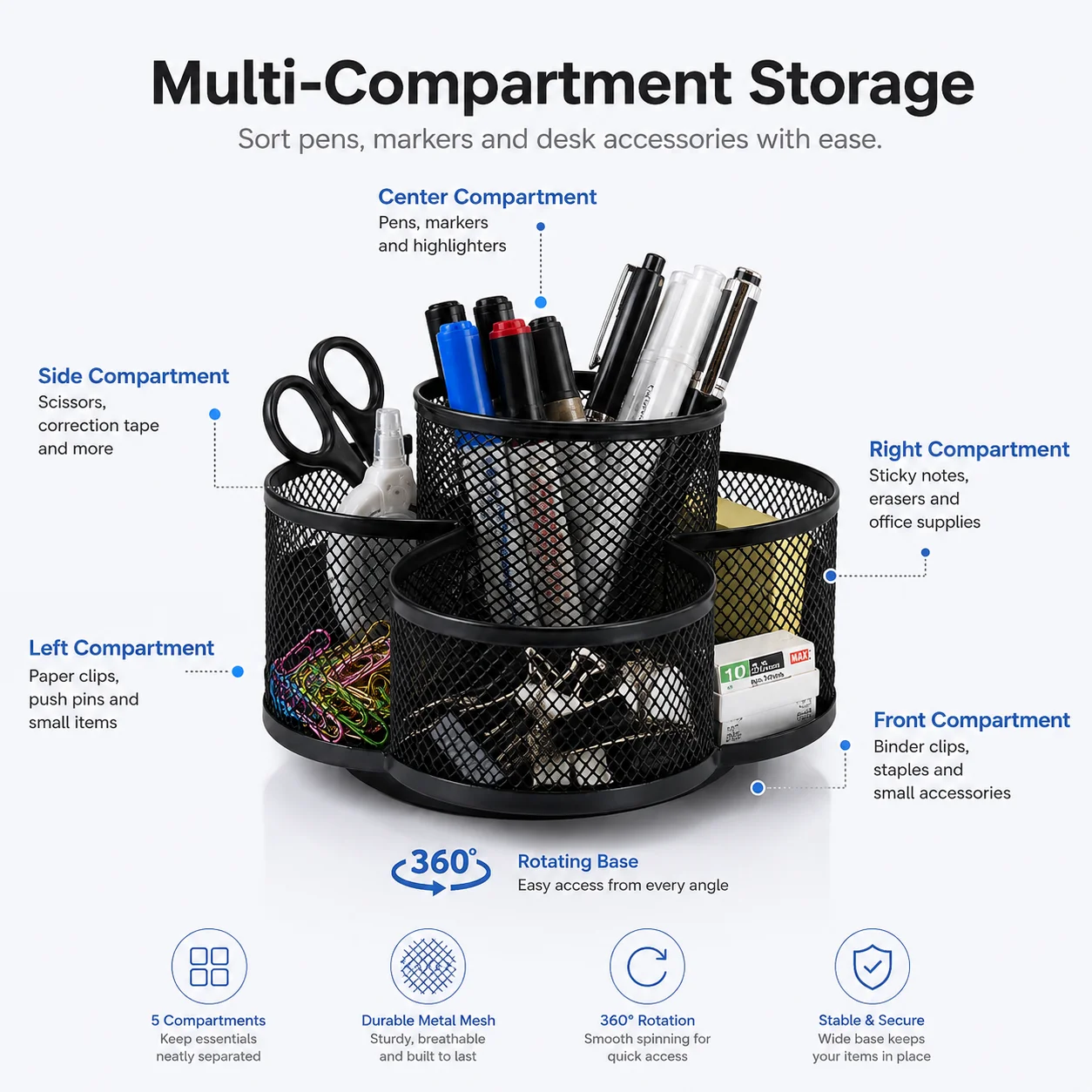 360° Rotating Desk Pen Organizer, Black Mesh Pencil Holder with 7 Compartments, Desktop Stationary Storage Caddy for Office Supp