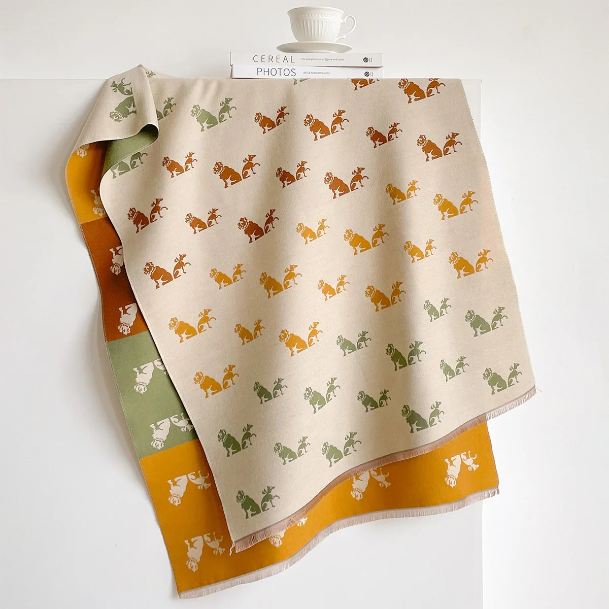 Faux Cashmere Reversible Wrap Winter Scarf Women Cute Cartoon Bulldog Puppy Print Contrast Color Border Thick Warm Large Shawl