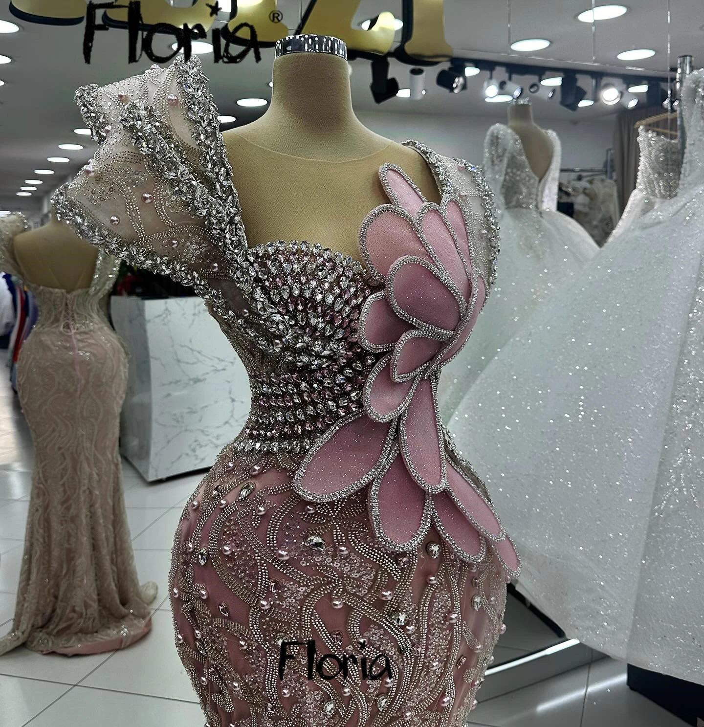 Floria Glitter Crystals Blush Pink Evening Dresses Women Mermaid Sequins Wedding Party Dress Vestidos Novias Boda Customized