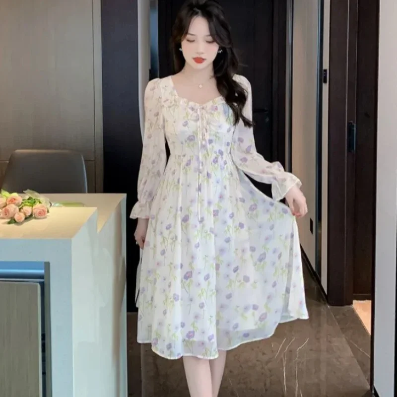 Midi Dresses for Women Chiffon Splicing Fashion Summer 2025 Woman Long Sleeve Dress Aesthetic Korean High Quality Luxury Loose X