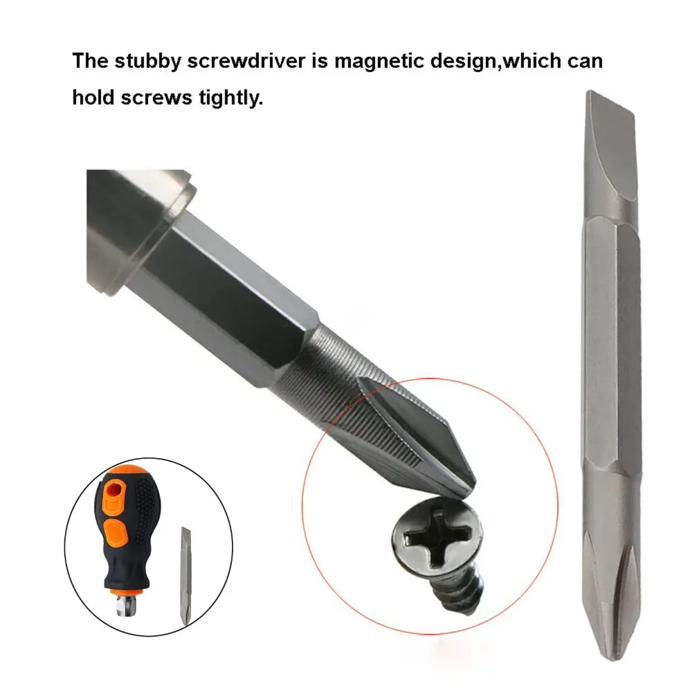 Stubby Screwdriver, 2 in 1 Short Magnetic Screwdriver With Phillips Head and Flat Head, Small Pocket Screwdriver