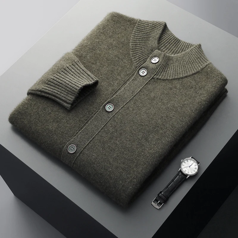 Fall/Winter Half-high Neck 100%Pure Wool Men's Clothing Button Jacket Cardigan Leisure Business Solid Color Knitted Bottom Shirt