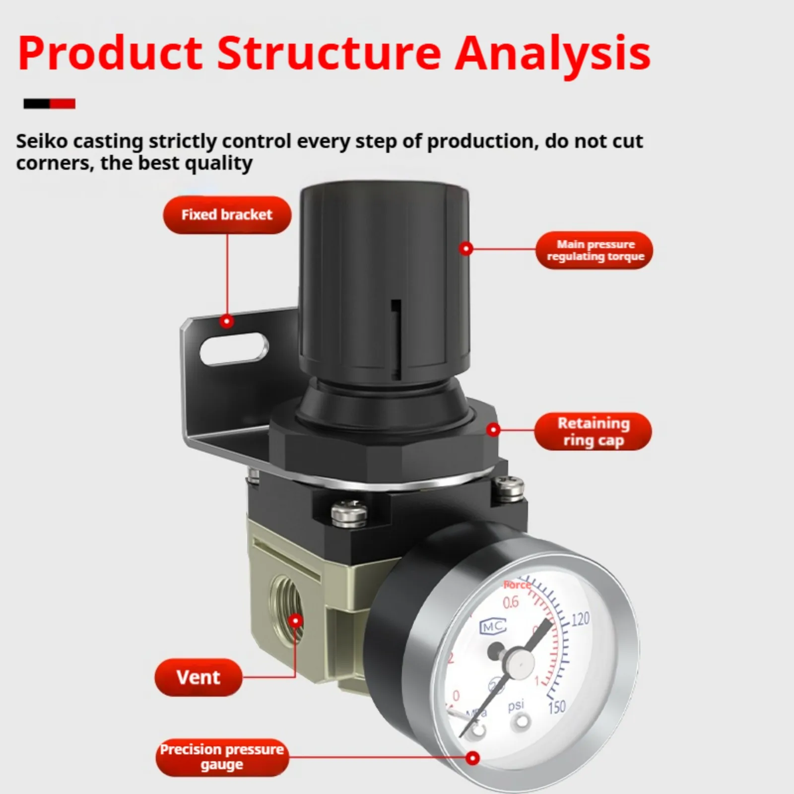 White AR2000 Air Control Pressure Gauge Compressor Relief Regulator Regulating Valve Treatment Units With Gauge Adjustable