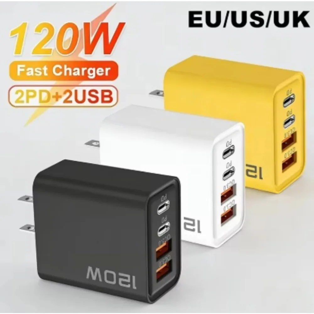 120W USB-C Charger 4 Ports PD Quick Charge 3.0 Type-C USB Phone Chargers Fast Charging Adapter For IPhone17 16 15 Xiaomi Samsung