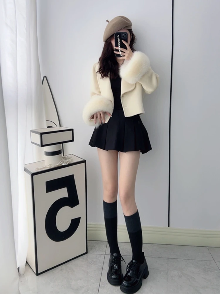 2025 New Winter Cashmere Wool Woolen Women Luxury Jacket Real Natural Fox Fur Cuff Coat Ladies Outwear Female Coat